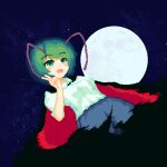  1girl 999_(hansode) antennae black_cape cape full_moon green_eyes green_hair highres looking_at_viewer moon night night_sky open_mouth outdoors shirt short_hair sky solo star_(sky) starry_sky touhou v white_shirt wriggle_nightbug 