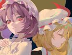 2girls blonde_hair blush closed_eyes collared_shirt eyebrows_hidden_by_hair eyelashes flandre_scarlet frown hair_between_eyes hand_on_own_chest hat hat_ribbon looking_at_viewer medium_hair mob_cap multiple_girls parted_lips portrait profile purple_hair red_eyes red_ribbon remilia_scarlet ribbon shirt siblings sisters slit_pupils touhou white_headwear white_shirt zhiming_shang 