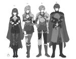  2boys 2girls armor artist_request breasts byleth_(fire_emblem) byleth_eisner_(female) byleth_eisner_(male) cape closed_mouth dual_persona fire_emblem fire_emblem:_three_houses fire_emblem_warriors:_three_hopes gloves hair_ornament height_difference highres holding long_hair long_sleeves looking_at_viewer medium_hair monochrome multiple_boys multiple_girls shez_(fire_emblem) shez_(fire_emblem)_(female) shez_(fire_emblem)_(male) short_hair simple_background smile 