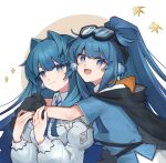  2girls :d arknights astesia_(arknights) astgenne_(arknights) bird black_cape blue_eyes blue_hair blue_shirt cape diamond-shaped_pupils diamond_(shape) dress goggles goggles_on_head hair_intakes highres holding_hands hug hug_from_behind long_hair long_sleeves mabing multiple_girls open_mouth ponytail shirt siblings simple_background sisters smile sparkle split_mouth symbol-shaped_pupils upper_body white_background white_dress 
