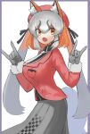  1girl absurdres animal_ears blazer breasts fox_ears fox_girl fox_tail gloves grey_hair hat highres island_fox_(kemono_friends) jacket kemono_friends kemono_friends_v_project large_breasts long_hair looking_at_viewer microphone multicolored_hair necktie open_mouth ribbon simple_background skirt smile solo tail twintails virtual_youtuber yellow_eyes zuchi00 