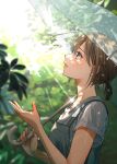  1girl absurdres bangs blurry blurry_background blush brown_eyes brown_hair hand_up highres holding holding_umbrella lips looking_up macaronk original outdoors overalls parted_lips ponytail shirt short_hair short_sleeves solo standing sunlight tree umbrella white_shirt 