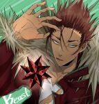  1boy aaron_(buddy_mission_bond) brown_hair buddy_mission_bond fur_trim green_background hiyoko_mochi jacket looking_at_viewer red_jacket scratches simple_background small_stellated_dodecahedron solo spiky_hair torn_clothes twitter_username upper_body 