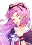  1girl black_ribbon black_shirt blush closed_eyes closed_mouth commentary commission eiyuu_densetsu finger_to_mouth hair_intakes hand_up highres long_hair portrait puffy_short_sleeves puffy_sleeves purple_hair renne_(eiyuu_densetsu) ribbon sen_no_kiseki sen_no_kiseki_iv shirt short_sleeves simple_background skeb_commission smile solo villeannn white_background wrist_cuffs 