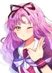  1girl black_ribbon black_shirt blowing_kiss blush commentary_request eiyuu_densetsu hair_intakes hand_up highres long_hair looking_at_viewer one_eye_closed portrait puckered_lips puffy_short_sleeves puffy_sleeves purple_hair renne_(eiyuu_densetsu) ribbon sen_no_kiseki sen_no_kiseki_iv shirt short_sleeves simple_background solo villeannn white_background wrist_cuffs 