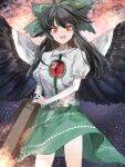  1girl arm_cannon black_hair bow cowboy_shot green_bow green_skirt hair_bow highres long_hair looking_at_viewer noyama_(prosiuttooishi) open_mouth red_eyes reiuji_utsuho shirt short_sleeves skirt solo teeth third_eye touhou upper_teeth v-shaped_eyebrows weapon white_shirt wings 