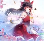  1girl alternate_eye_color ascot bandages bangs bare_shoulders black_hair blue_sky blush bow branch breasts bug butterfly butterfly_wings cherry_blossoms chinese_commentary closed_mouth clouds cloudy_sky coin collared_shirt commentary_request detached_sleeves flying frills gradient gradient_sky grass hair_between_eyes hakurei_reimu hand_up highres house jiji_(381134808) long_hair long_sleeves looking_at_viewer medium_breasts orange_eyes petals red_bow red_shirt red_skirt ribbon-trimmed_sleeves ribbon_trim sarashi shirt skirt sky solo standing teeth touhou tree white_sky wide_sleeves wings yellow_ascot 