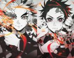  2boys cape checkered_clothes closed_mouth colored_tips comparison crying crying_with_eyes_open demon_slayer_uniform earrings fire floating_hair forked_eyebrows frown furrowed_brow hands_up haori japanese_clothes jewelry kamado_tanjirou katana kimetsu_no_yaiba long_sleeves looking_at_viewer medium_hair monochrome multicolored_eyes multicolored_hair multiple_boys orange_eyes pig_ggul portrait red_eyes rengoku_kyoujurou ringed_eyes scar scar_on_face scar_on_forehead sheath short_hair smile spot_color streaked_hair sword tears unsheathing weapon wind yellow_eyes 