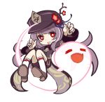  1girl black_coat black_hair black_headwear chibi chinese_clothes coat coattails flower flower-shaped_pupils full_body genshin_impact ghost hat hat_flower hu_tao_(genshin_impact) long_hair long_sleeves looking_at_viewer plum_blossoms porkpie_hat red_eyes red_flower shinmon_akika simple_background socks solo symbol-shaped_pupils tongue tongue_out white_background white_socks 
