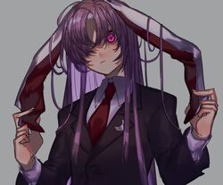  1girl animal_ears black_jacket blazer buttons collared_shirt commentary crescent crescent_pin ear_pull fingernails frown glowing glowing_eyes grey_background hair_over_one_eye hands_up highres jacket lapel_pin layered_sleeves long_hair long_sleeves looking_at_viewer marimo_tarou necktie one_eye_covered pink_eyes purple_hair rabbit_ears red_necktie reisen_udongein_inaba shirt simple_background solo touhou upper_body very_long_hair white_shirt 