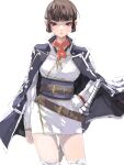  1girl artist_request bangs belt blunt_bangs breasts brown_eyes brown_hair coat highres isabeau_(smt) looking_at_viewer red_eyes shin_megami_tensei shin_megami_tensei_iv short_hair simple_background smile solo sword thigh-highs weapon white_background 