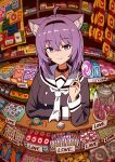  1girl absurdres ahoge animal_ears bangs breasts candy candy_store cat_ears cat_girl chun_1234567 food hairband highres hololive jar lollipop looking_at_viewer nekomata_okayu purple_hair sailor_collar shop smile solo violet_eyes virtual_youtuber 