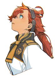  1girl absurdres blue_eyes grey_background gundam gundam_suisei_no_majo highres kyo_(kuroichigo) light_blue_eyes long_hair looking_up necktie orange_hair parted_lips short_eyebrows simple_background sketch solo suletta_mercury upper_body yellow_necktie 