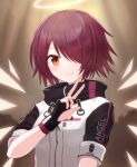  1girl arknights bangs black_gloves blush breasts closed_mouth commentary_request detached_wings exusiai_(arknights) fingerless_gloves gloves hair_over_one_eye halo hand_up jacket red_eyes redhead short_sleeves small_breasts smile solo suta_(clusta) upper_body v white_jacket wings 
