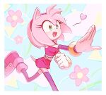  1girl :d ameusute1002 amy_rose bandages bracelet flower furry furry_female gloves green_eyes hairband heart jewelry open_mouth red_hairband running smile solo sonic_(series) sonic_boom_(game) tail white_gloves 