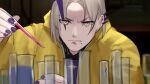  1boy blonde_hair breaking_bad chemistry dasdokter ear_piercing expressionless glass grey_hair holostars holostars_english jacket looking_at_viewer magni_dezmond mole mole_under_mouth multicolored_hair piercing purple_hair purple_nails shirt solo streaked_hair virtual_youtuber white_shirt yellow_eyes yellow_jacket 