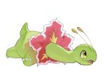  animal_focus claws commentary english_commentary from_side full_body happy highres horezai lying meganium no_humans on_stomach open_mouth pokemon pokemon_(creature) simple_background sketch smile solo white_background yellow_eyes 