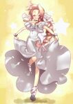  1girl aerith_gainsborough alternate_costume bangle bangs blush boots bracelet braid braided_ponytail breasts brown_hair closed_eyes clothes_lift detached_sleeves dress dress_lift final_fantasy final_fantasy_vii full_body grey_dress grey_ribbon grin hair_ribbon jewelry leg_up long_dress long_hair medium_breasts parted_bangs puffy_short_sleeves puffy_sleeves ribbon short_sleeves sidelocks smile solo star_(symbol) teeth torimeiro wavy_hair yellow_background 