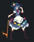 1girl 4qw5 black_background black_headwear blue_hair blue_skirt bow bowtie brown_footwear closed_mouth frilled_skirt frills full_body hat highres hinanawi_tenshi holding holding_sword holding_weapon long_hair looking_at_viewer pixel_art rainbow_order red_bow red_bowtie red_eyes short_sleeves simple_background skirt smile solo sword sword_of_hisou touhou weapon