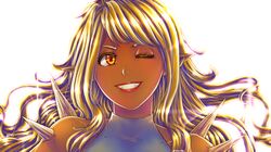  1girl ;d blonde_hair dark-skinned_female dark_skin doom_(series) highres imp_(doom) long_hair one_eye_closed pointy_ears portrait shoulder_spikes simple_background smile spikes substance20 twitter_username upper_body white_background 