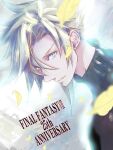  1boy blonde_hair blue_eyes cloud_strife dutch_angle earrings english_text falling_petals final_fantasy final_fantasy_vii hair_between_eyes highres jewelry looking_at_viewer male_focus petals ponco_pacoooon portrait short_hair single_earring solo spiky_hair turtleneck upper_body 
