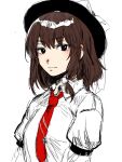  1girl black_headwear bow breasts brown_hair closed_mouth collared_shirt commentary_request fedora happy hat hat_bow highres juliet_sleeves kuya_(hey36253625) long_sleeves looking_at_viewer necktie puffy_sleeves red_necktie shirt simple_background sketch sleeve_garter small_breasts smile touhou upper_body usami_renko white_bow white_shirt 