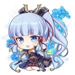  1girl arm_guards armor armored_dress bangs blue_eyes blue_flower blue_hair blue_jacket blunt_bangs breastplate bridal_gauntlets chibi commentary_request elbow_gloves floral_background flower flower_knot full_body genshin_impact gloves hair_ornament hair_ribbon jacket japanese_armor kamisato_ayaka kote light_blue_hair long_hair looking_at_viewer maru_itsuki neck_tassel open_mouth outstretched_hand partially_fingerless_gloves ponytail ribbon smile solo tassel tress_ribbon white_background wide_sleeves 
