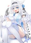  1girl animal_ears blue_eyes breasts china_dress chinese_clothes dobrynya_nikitich_(fate) dress fangs fate/grand_order fate_(series) garter_straps hairband highres large_breasts long_hair metal_gloves sitting tail thigh-highs tsuyuki_yuki white_hair 