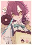  0_m0chibe 1boy :q alternate_costume bangs bow bowtie commentary_request doughnut food genshin_impact green_eyes highres light_bulb looking_at_viewer low_ponytail male_focus mole mole_under_eye multicolored_hair redhead shikanoin_heizou shirt solo streaked_hair tongue tongue_out white_shirt 