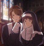  2boys bangs blurry blurry_background brown_eyes brown_hair closed_mouth commentary_request crossdressing eyes_visible_through_hair gloves habit highres indoors kl_(reikishikl) koizumi_itsuki kyon long_sleeves looking_at_viewer male_focus multiple_boys nun parted_lips priest short_hair suzumiya_haruhi_no_yuuutsu white_gloves 