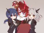  3girls :d arknights black_jacket black_skirt blue_hair blush body_fur ch&#039;en_(arknights) fur_trim furry furry_female grey_background grey_hair grey_shirt hair_ornament horns jacket long_hair long_skirt long_sleeves looking_at_viewer multiple_girls nano_mochi open_clothes open_jacket open_mouth princess_fumizuki_(arknights) purple_fur red_eyes red_skirt redhead shirt short_hair siblings sidelocks simple_background single_horn sisters skirt smile squatting talulah_(arknights) twintails two-tone_fur white_fur yellow_eyes younger 
