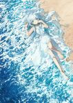  1girl beach blending blue_eyes blush dress from_above full_body hair_between_eyes highres long_hair looking_at_viewer lying on_back original outdoors potg_(piotegu) solo very_long_hair water waves white_dress white_hair 