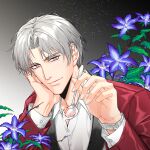  1boy absurdres charlie_su flower formal gradient gradient_background grey_background grey_hair hand_on_own_cheek hand_on_own_face highres holding holding_spoon light_and_night_love long_sleeves looking_at_viewer male_focus red_suit spoon suit taishu violet_eyes watch watch 