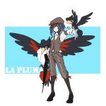  1girl alternate_costume animal_on_arm arknights bird bird_on_arm black_eyes black_footwear black_hair boots brown_headwear brown_pants brown_vest character_name collared_shirt crossover full_body hat highres holding holding_umbrella honchkrow la_pluma_(arknights) long_sleeves looking_at_viewer murkrow outstretched_arm pants pants_tucked_in pokemon robinlovesop shirt short_hair simple_background solo standing umbrella v-shaped_eyebrows vest white_background white_shirt 