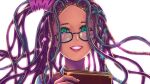  1girl arachnotron black-framed_eyewear book cybernetic doom_(series) dreadlocks glasses green_eyes grin highres holding holding_book humanization long_hair looking_at_viewer simple_background smile solo substance20 white_background 