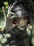  1girl absurdres blood blood_on_face blurry blurry_background grey_eyes hand_up helmet highres identity_v jpeg_artifacts looking_at_viewer pants seongyu_li solo thigh_strap tracy_reznik 