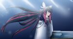  1girl bangs black_hair blue_background closed_eyes coat coffin columbina_(genshin_impact) diaz_am eye_mask fur_coat genshin_impact gradient_hair hair_ornament head_wings highres long_hair multicolored_hair pink_hair solo 