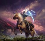  armor arrow_(projectile) artist_name blonde_hair bow_(weapon) clouds drawing_bow elden_ring gauntlets helmet highres holding holding_bow_(weapon) holding_weapon horns horse horseback_archery horseback_riding instagram_username jperez long_hair outdoors reins riding ruins saddle signature tree weapon 