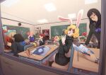  2boys 4girls ^_^ absurdres ahoge alternate_costume alternate_hairstyle animal_ears animal_nose artificial_flower bangs black_hair black_serafuku blonde_hair blush_stickers cake canvas_(object) carrot_(one_piece) carrying chair chalkboard classroom clock closed_eyes closed_mouth colored_skin contemporary cup desk dress fisheye food furry furry_female giolla hand_up height_difference highres holding holding_cup indoors kanjuro leaning_forward leaning_to_the_side long_hair long_nose long_sleeves looking_at_another looking_back medium_hair miniskirt miss_goldenweek multiple_boys multiple_girls mycrys neckerchief nico_robin one_piece orange_hair painting_(action) painting_(object) paper parted_lips pink_hair plate pleated_skirt rabbit_ears rabbit_girl rabbit_tail red_eyes redhead sailor_collar school school_chair school_desk school_uniform serafuku sitting skirt sleeveless sleeveless_dress smile snout standing sunglasses tail tail_through_clothes teacher usopp wall_clock white_skin window 