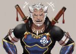 1boy armor batabiru beard brown_background chainmail closed_eyes facial_hair facing_viewer forehead_tattoo fugen_(monster_hunter_rise) jewelry laughing male_focus monster_hunter_(series) monster_hunter_rise necklace old old_man sheath sheathed simple_background solo sword upper_body weapon white_hair