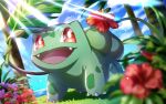  bright_pupils bulbasaur claws clouds commentary_request day fangs flower grass happy no_humans open_mouth outdoors pokemon pokemon_(creature) red_eyes red_flower sky solo tomatsukaze tongue white_pupils 