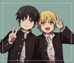  2boys :d bangs black_hair blue_eyes blurry border closed_mouth collared_shirt depth_of_field dress_shirt gakuran green_background green_eyes hand_up jacket leaning_on_person leaning_to_the_side long_sleeves looking_at_viewer male_focus minamisawa_kai mole mole_under_eye multiple_boys nana_0253 oki_kouji open_clothes open_jacket open_mouth school_uniform shirt short_hair side-by-side simple_background smile taking_picture unbuttoned upper_body v white_shirt world_trigger 