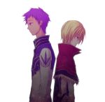  2boys back-to-back bangs black_coat blonde_hair capelet closed_mouth coat commentary cowboy_shot fur-trimmed_capelet fur_trim high_collar high_priest_(ragnarok_online) high_wizard_(ragnarok_online) kuro_(b6u96) layered_clothes long_sleeves male_focus multiple_boys purple_hair ragnarok_online red_capelet shirt short_hair simple_background smile white_background white_coat white_shirt 