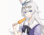  1girl ahoge animal_ears bangs black_bow blue_eyes bow carrot commentary_request food food_on_face grey_background grey_hair hair_between_eyes hand_up highres holding holding_food horse_ears idass_(idass16) long_hair looking_at_viewer oguri_cap_(umamusume) parted_lips puffy_short_sleeves puffy_sleeves purple_shirt school_uniform shirt short_sleeves simple_background solo tracen_school_uniform umamusume upper_body very_long_hair 