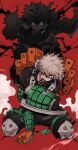  2boys angry arm_grab bakugou_katsuki bangs behind_another black_bodysuit black_whip_(boku_no_hero_academia) blonde_hair bodysuit boku_no_hero_academia cape chiyaya constricted_pupils eye_mask floating_cape floating_hair freckles gloves glowing glowing_eyes green_eyes green_gloves gun hair_between_eyes high_collar highres holding_own_arm knee_pads looking_at_viewer machine_gun male_focus midoriya_izuku multiple_boys neck_brace official_alternate_costume one_eye_covered orange_gloves parted_lips red_background red_eyes sanpaku short_hair sitting smoke spiky_hair spoilers sweat tears teeth_hold torn_cape torn_clothes torn_mask two-tone_gloves wariza weapon wide-eyed 