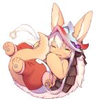  1other :3 androgynous animal_ears bangs barefoot blonde_hair body_fur brown_fur colored_eyelashes crunchobar curled_up fake_horns fangs full_body furry helmet holding_own_tail holding_tail horizontal_pupils horned_helmet horns looking_at_viewer made_in_abyss nanachi_(made_in_abyss) open_mouth pants pelt pouch puffy_pants rabbit_ears red_pants short_hair_with_long_locks sidelocks simple_background smile solo tail whiskers white_background yellow_eyes 