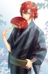  1boy alternate_costume blue_kimono dappled_sunlight floral_print flower hair_between_eyes hair_flower hair_ornament hairclip hanasaki_miyabi hand_fan highres holding holding_fan holostars japanese_clothes kimono leaf looking_at_viewer luma8b male_focus medium_hair paper_fan redhead sakuramon sash short_ponytail smile solo sunlight uchiwa upper_body virtual_youtuber yellow_eyes yukata 