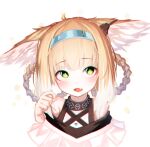  1girl absurdres animal_ears arknights bare_shoulders beudelb black_collar blonde_hair blue_hairband blush braid collar disembodied_limb earpiece fang fox_ears fox_girl green_eyes hairband hand_up highres infection_monitor_(arknights) long_hair looking_at_viewer multicolored_hair open_mouth paw_pose portrait simple_background skin_fang solo streaked_hair suzuran_(arknights) two-tone_hair white_background white_hair 