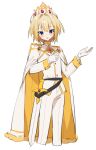  1boy androgynous blonde_hair blue_eyes cape character_request crown epaulettes highres koyashaka long_sleeves looking_at_viewer male_focus original pants short_hair solo sword weapon white_background 