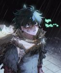  1boy backpack bag bangs bodysuit boku_no_hero_academia cake_delay cape crying crying_with_eyes_open dark dirty dirty_clothes dirty_face empty_eyes film_grain freckles green_bodysuit green_eyes green_hair hair_between_eyes heart korean_commentary korean_text male_focus midoriya_izuku official_alternate_costume parted_lips rain ripples sett solo spoilers tears torn_cape torn_clothes torn_sleeves upper_body wide-eyed yellow_cape 